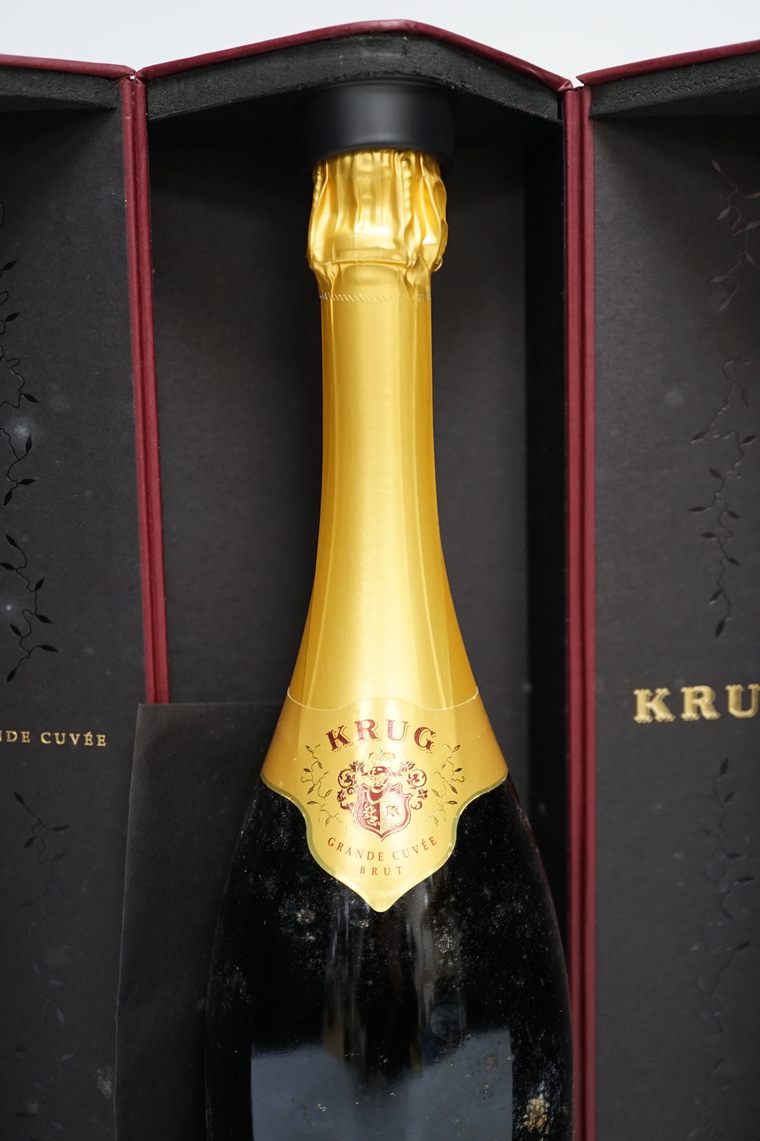 A boxed bottle of Krug Grande Cuvee Champagne